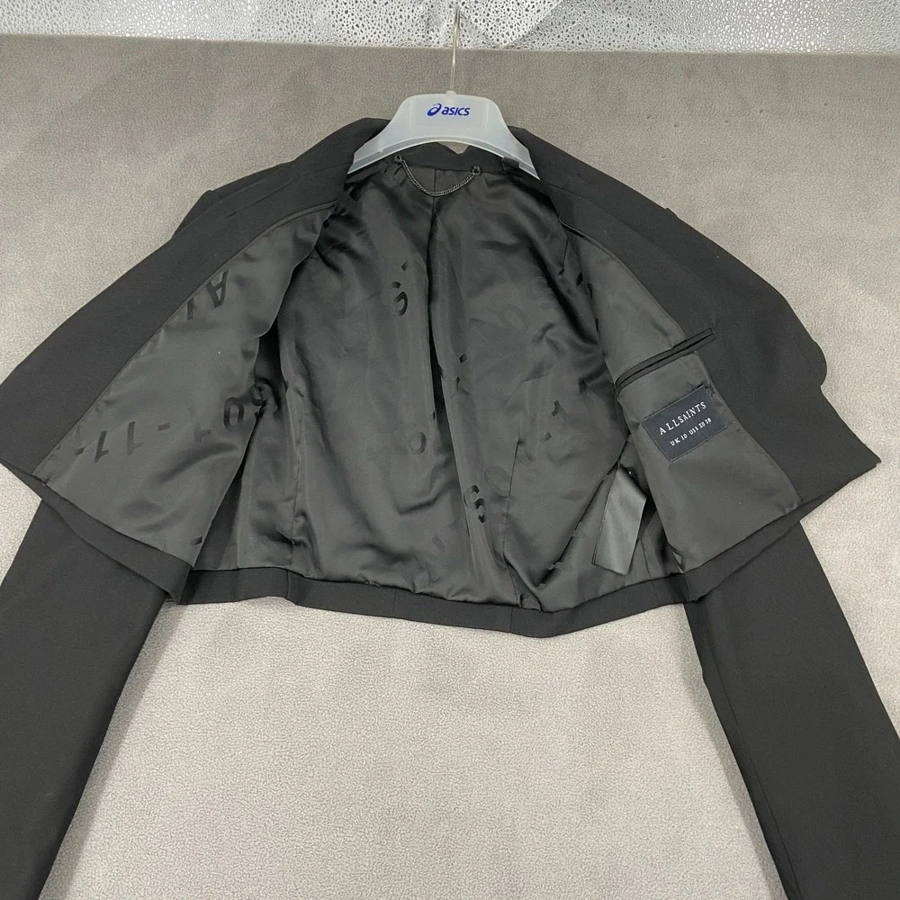 AllSaints Cropped Blazer Jacket Women's 6 Black Formal Shawl Collar Open Front - Picture 3 of 10